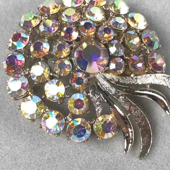 Vtg 50s Arthur Pepper Brooch Aurora Borealis Rhinestone Gold Tone Floral Spray - Picture 2 of 9